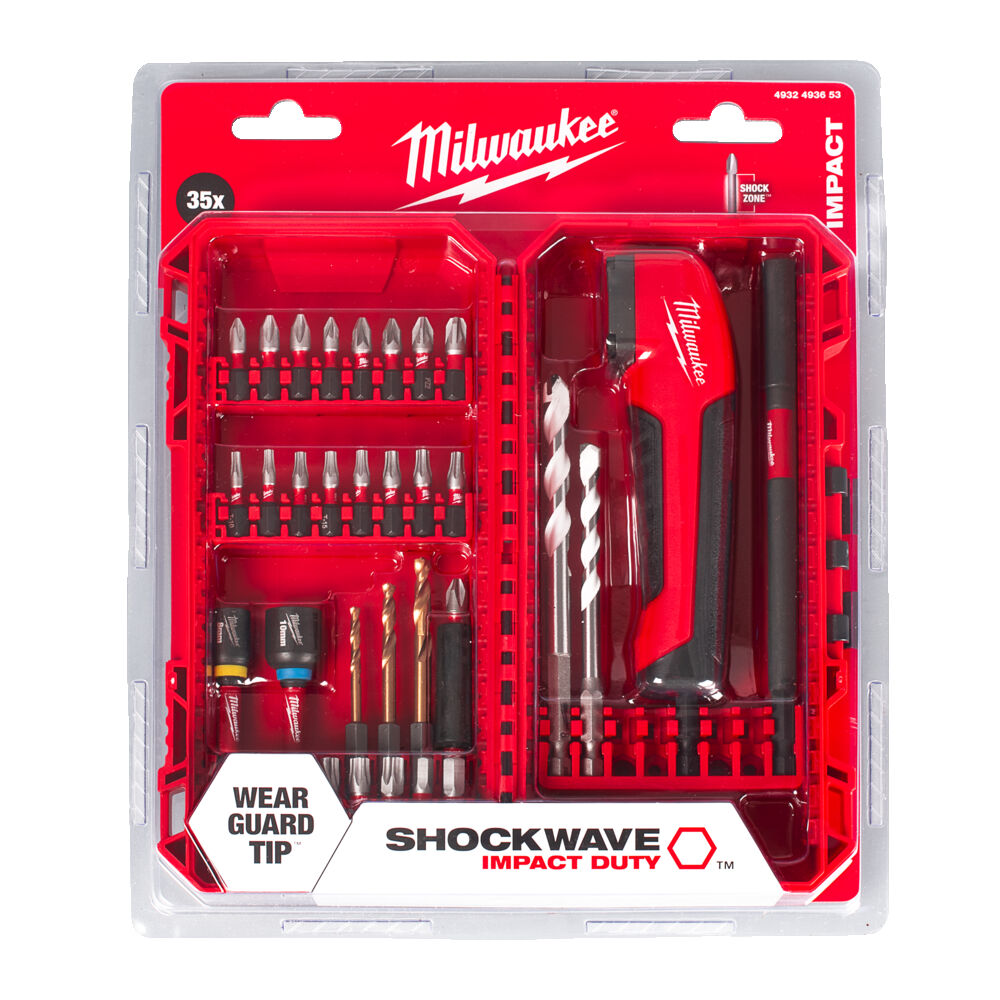 Набор бит Milwaukee SHOCKWAVE (35 предм.) + угловой адаптер PACKOUT (4932493653)