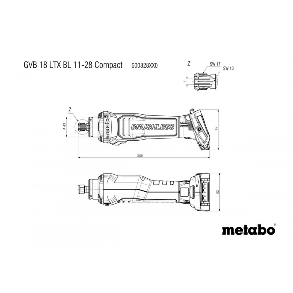 Акумуляторна прямошліфувальна машина Metabo GVB 18 LTX BL 11-28 Compact (600828850)