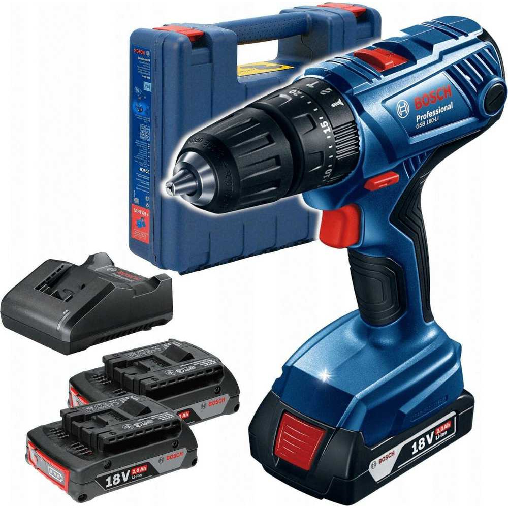 Акумуляторний ударний дриль-шуруповерт Bosch Professional GSB 180-LI у валізі з 2 акб GBA 18V 2 Ah та з/в GAL 18V-20 (06019F8307)