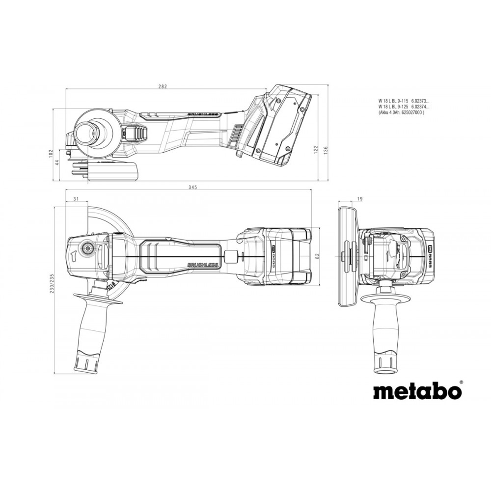 Акумуляторна кутова шліфувальна машина Metabo W 18 L BL 9-125 (602374840)