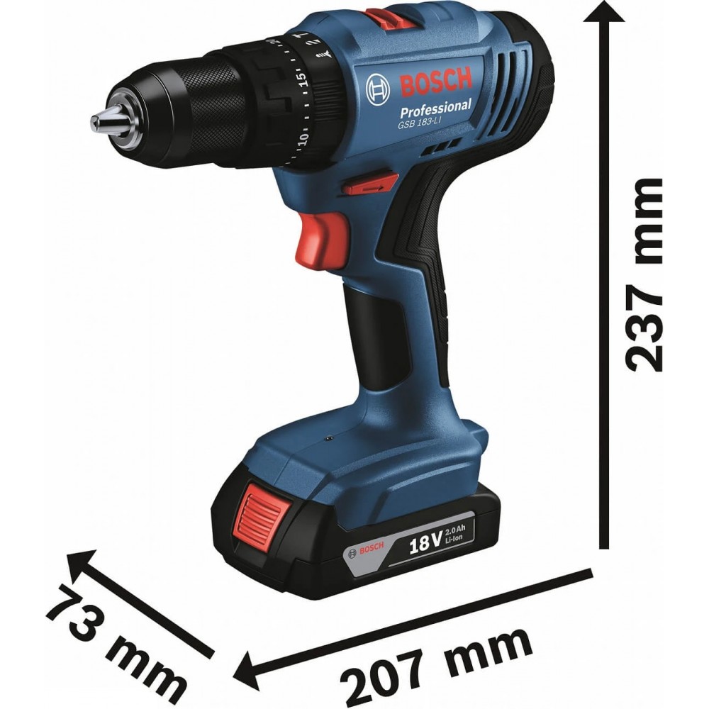 Акумуляторний ударний дриль-шуруповерт Bosch Professional GSB 183-LI з 2 акб GBA 18V 2 Ah та з/п GAL 18V-20, в кейсі (06019K9100)