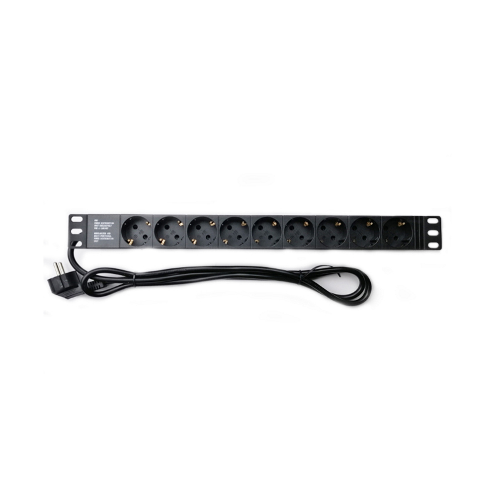 Блок розеток VAGO 1U 19" на 9 розеток, 220В, немецкий тип, 1U 19", алюминиевый корпус, длина кабеля 1,8 м, черный
