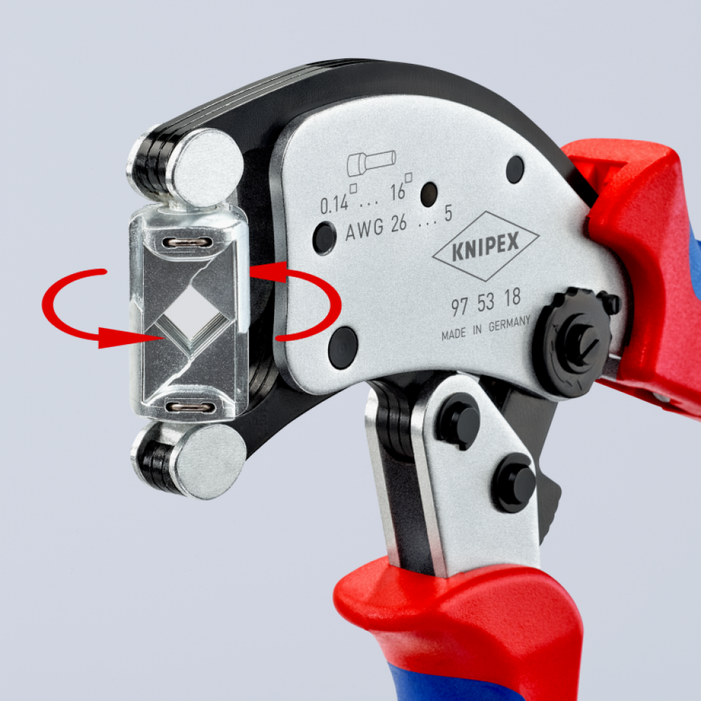 Инструмент Knipex для обжима контактных гильз с автонастройкой и поворотной головкой, до 16 мм² (97 53 18)